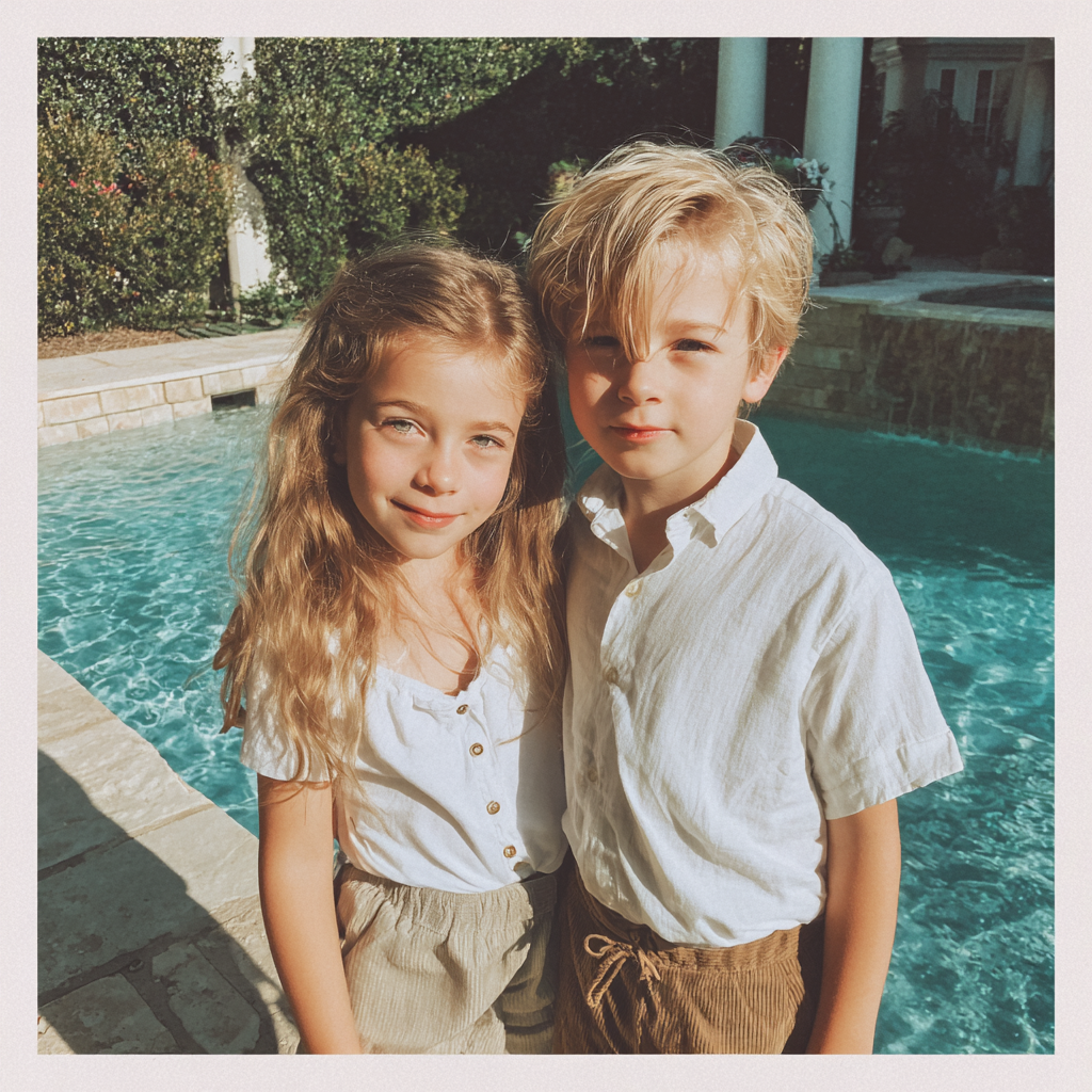 Two smiling children standing by a pool | Source:  no source