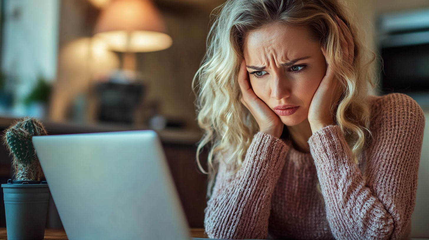 A woman upset in front of a laptop | Source: No source