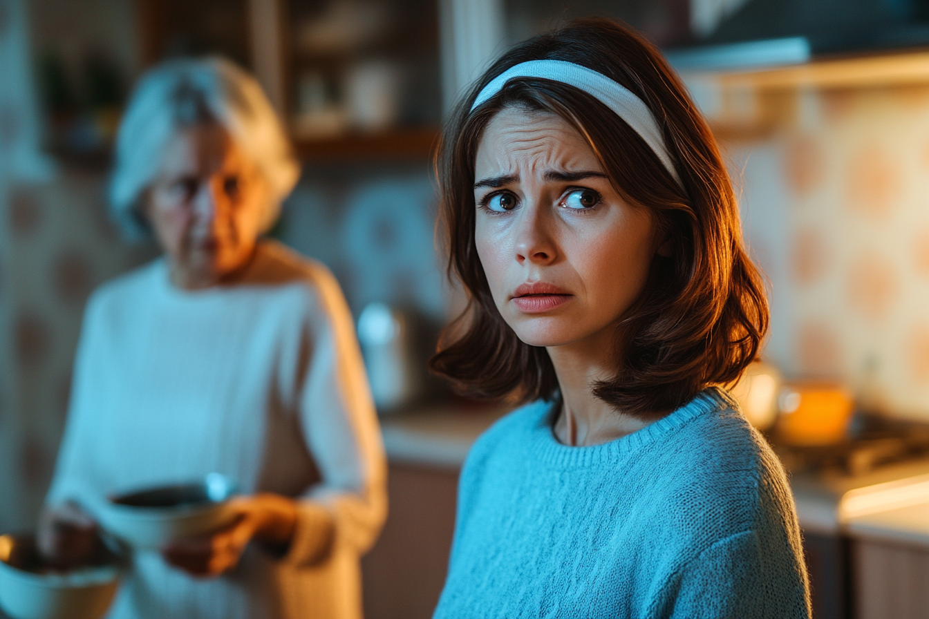 Woman in her 30s standing in a kitchen looking upset while an older woman in the background holds dishes | Source: No source