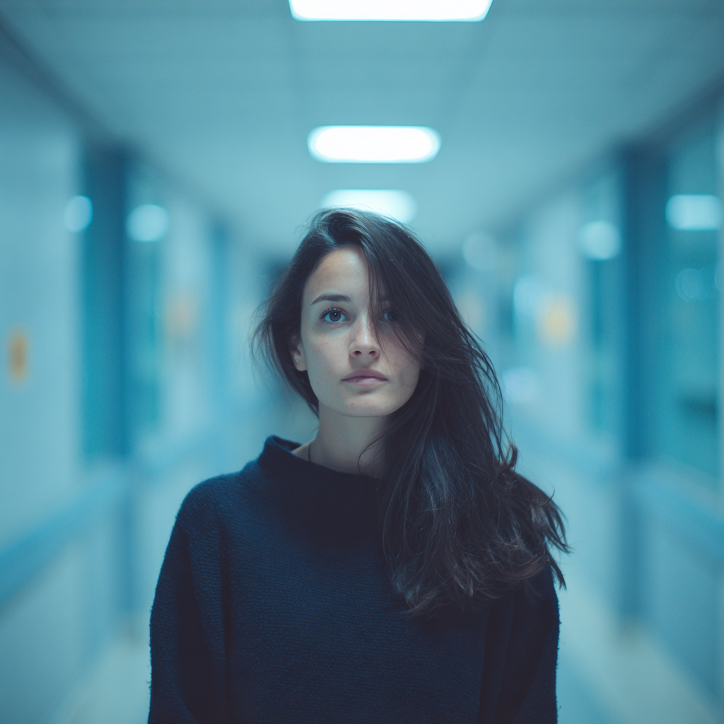 A pensive woman wearing a navy sweater | Source: no source
