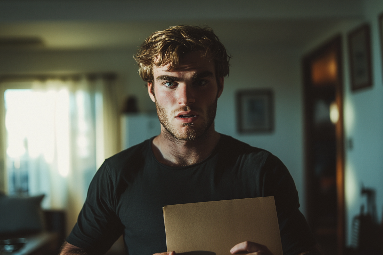 A man holding a manila envelope, looking angry | Source: no source