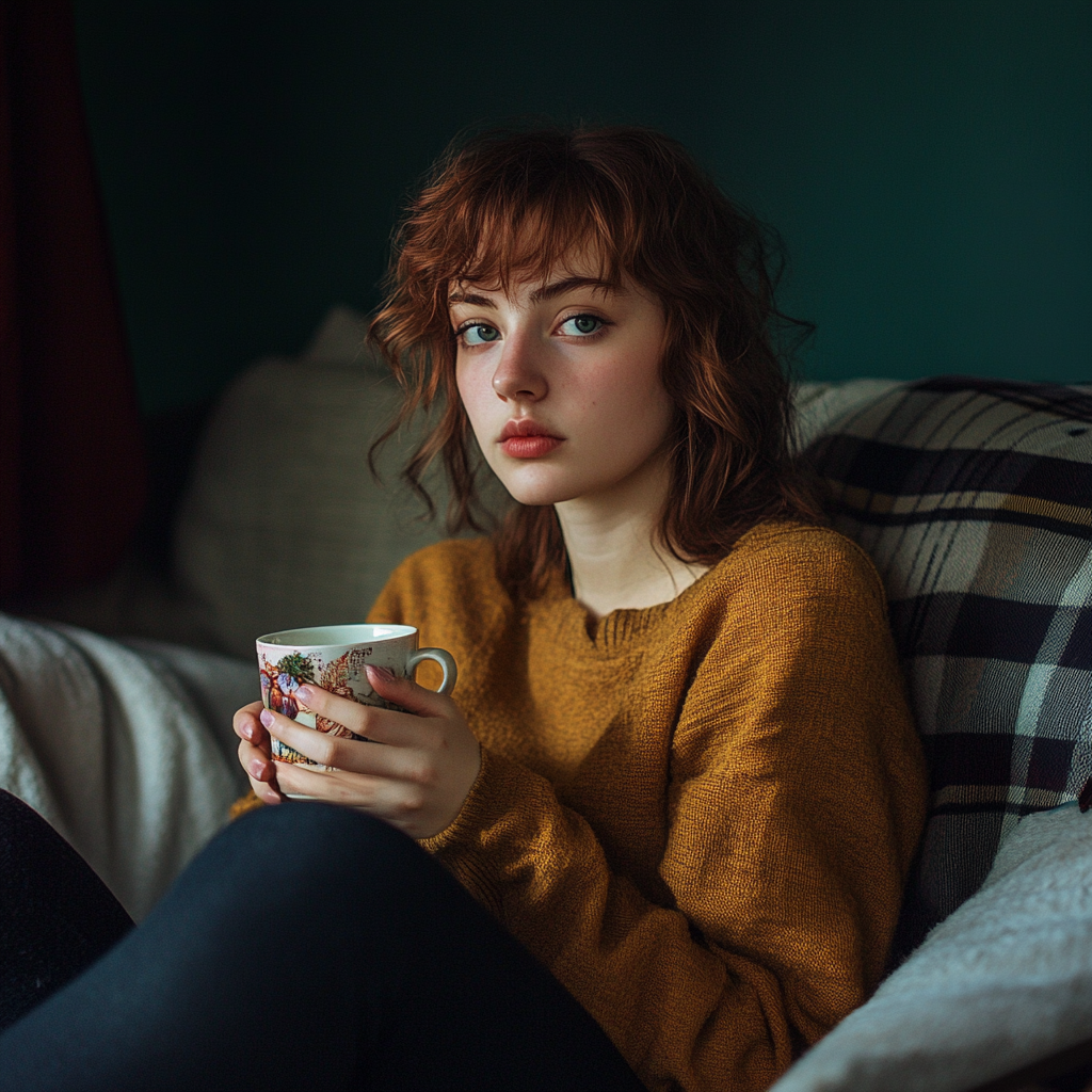 Young lady seated on a couch | Source: no source