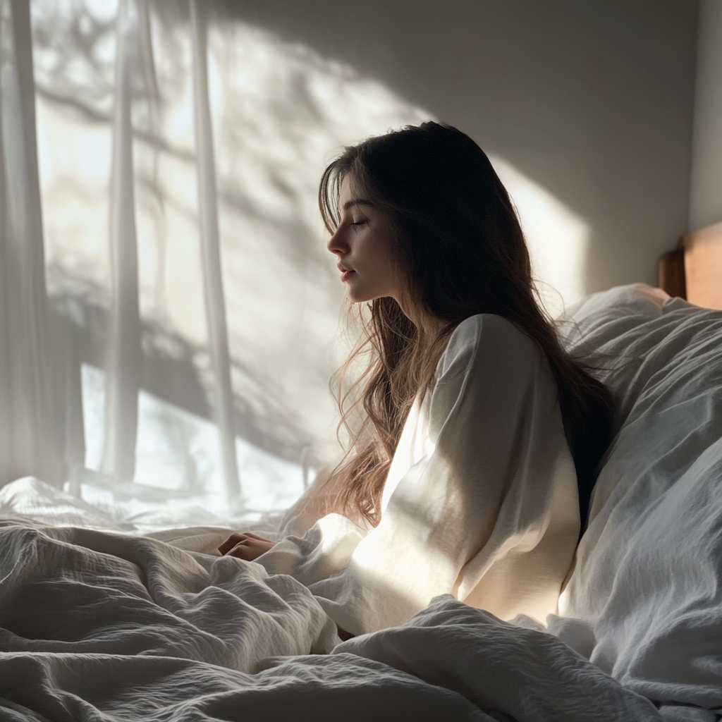 Woman seated in her bed | Source: No source