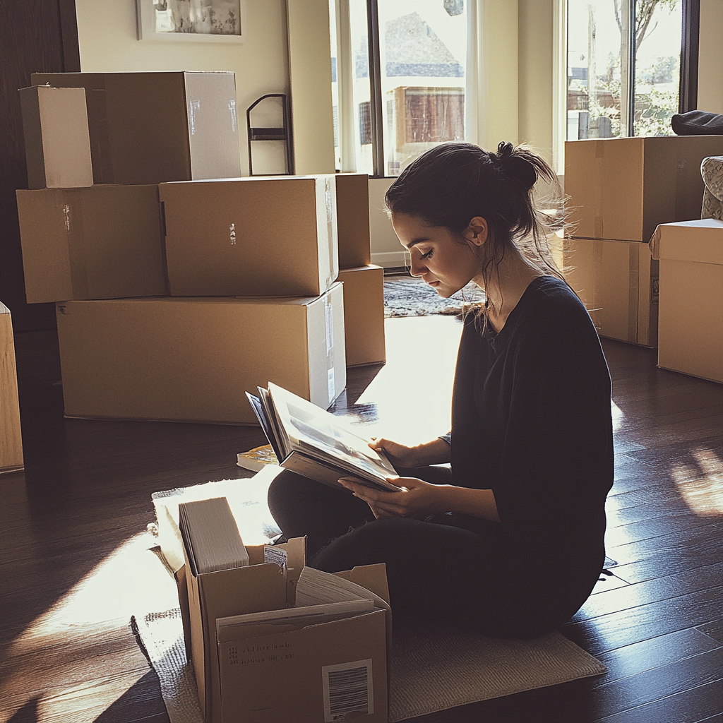 A woman sitting on the floor looking through an album | Source: no source