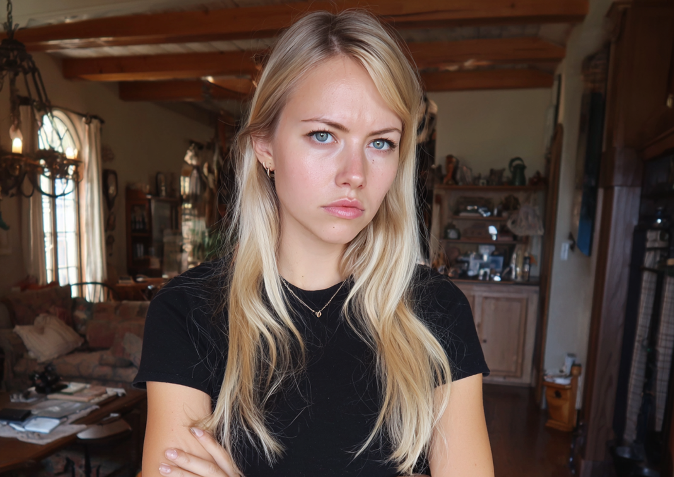 A frowning young woman with folded arms | Source: No source