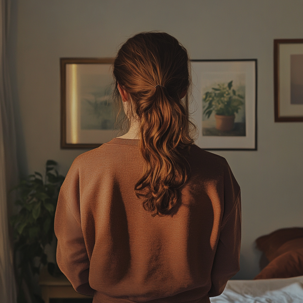 A back-view shot of a woman standing in a bedroom | Source: No source