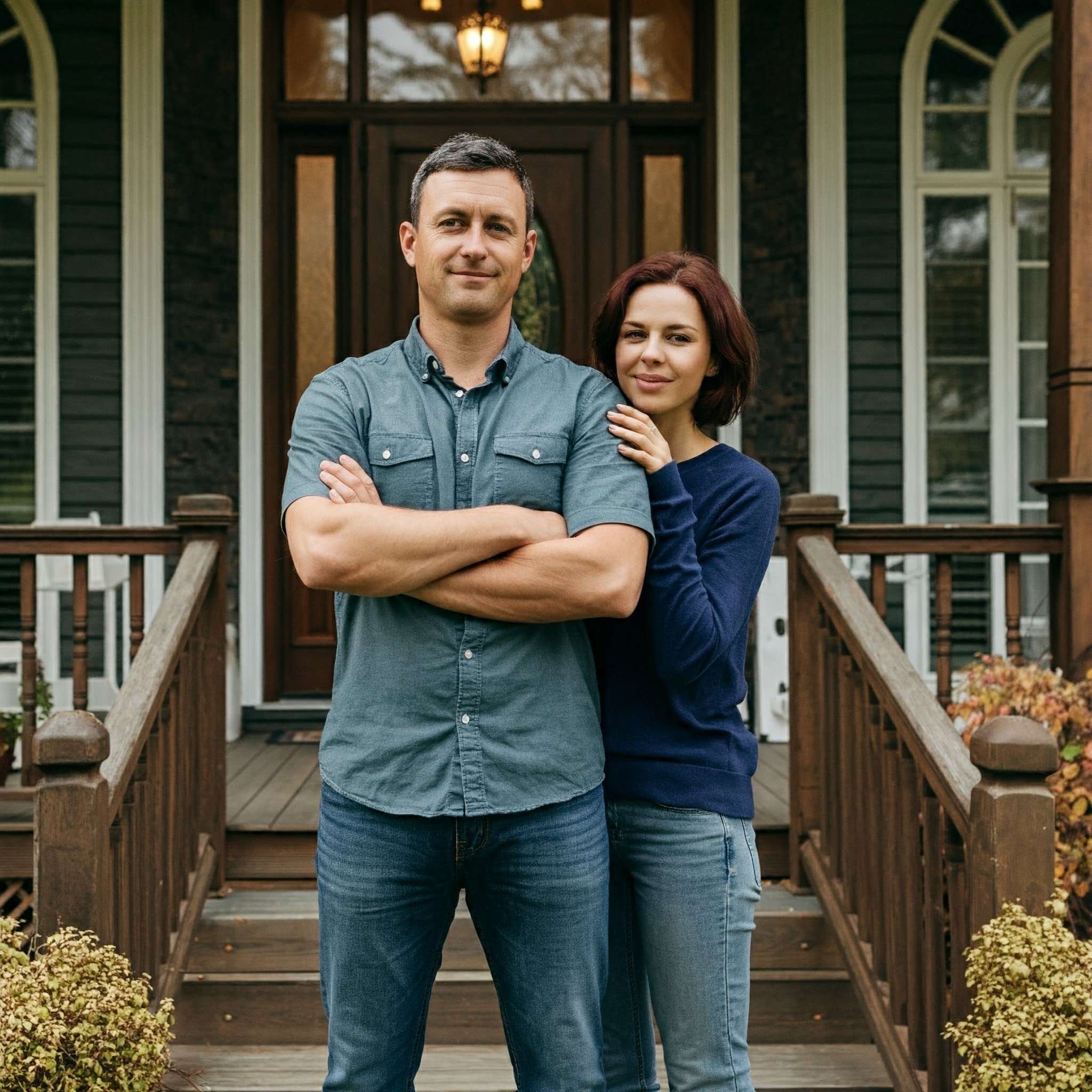 A couple on a front porch looking smug | Source: No source