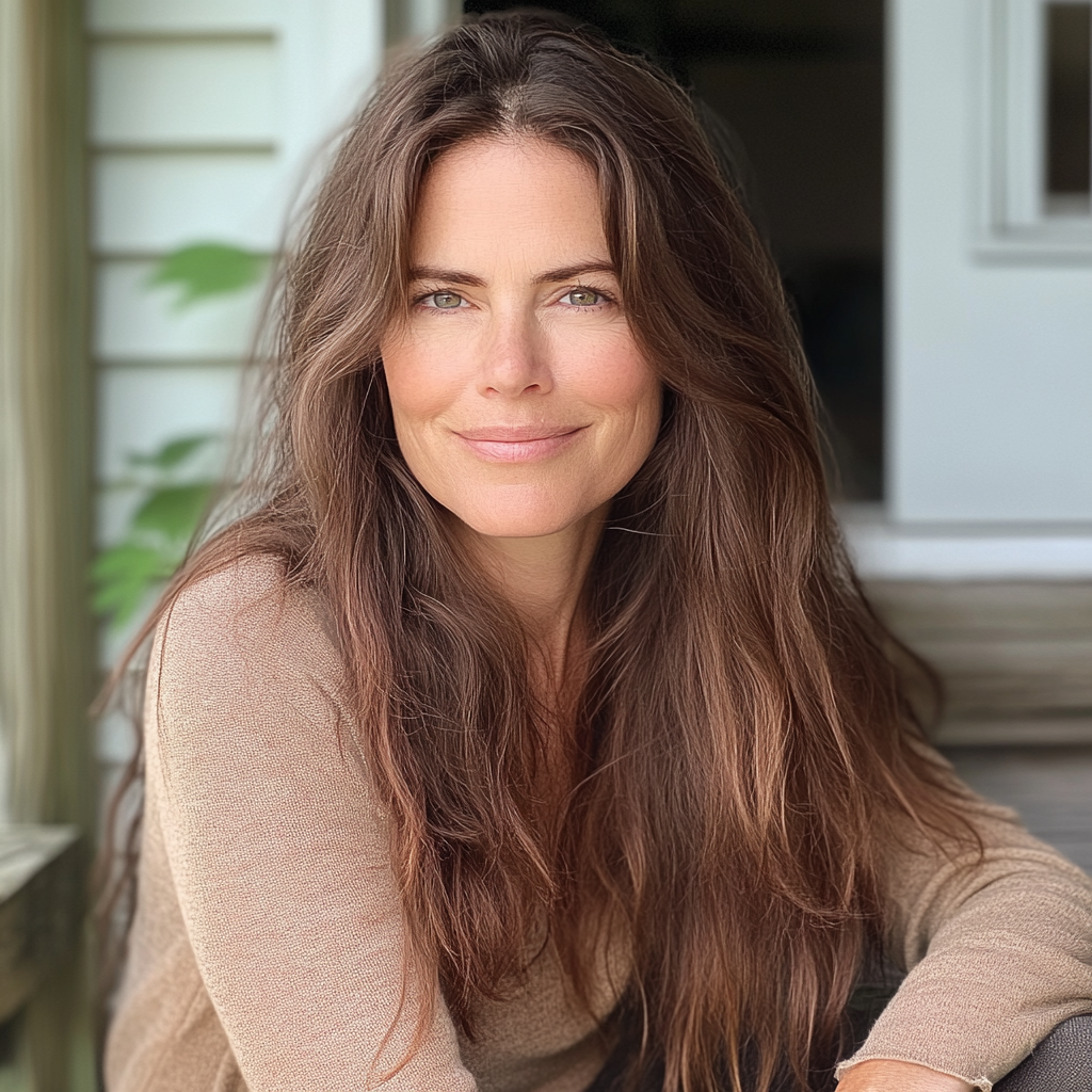 A smiling woman sitting on a porch | Source: No source