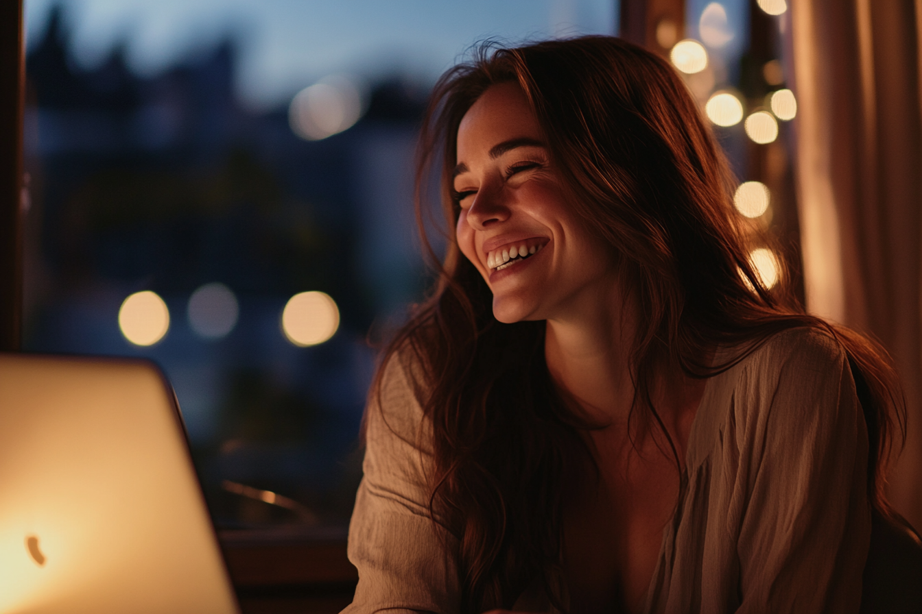 A woman laughing while using her laptop | Source: No source