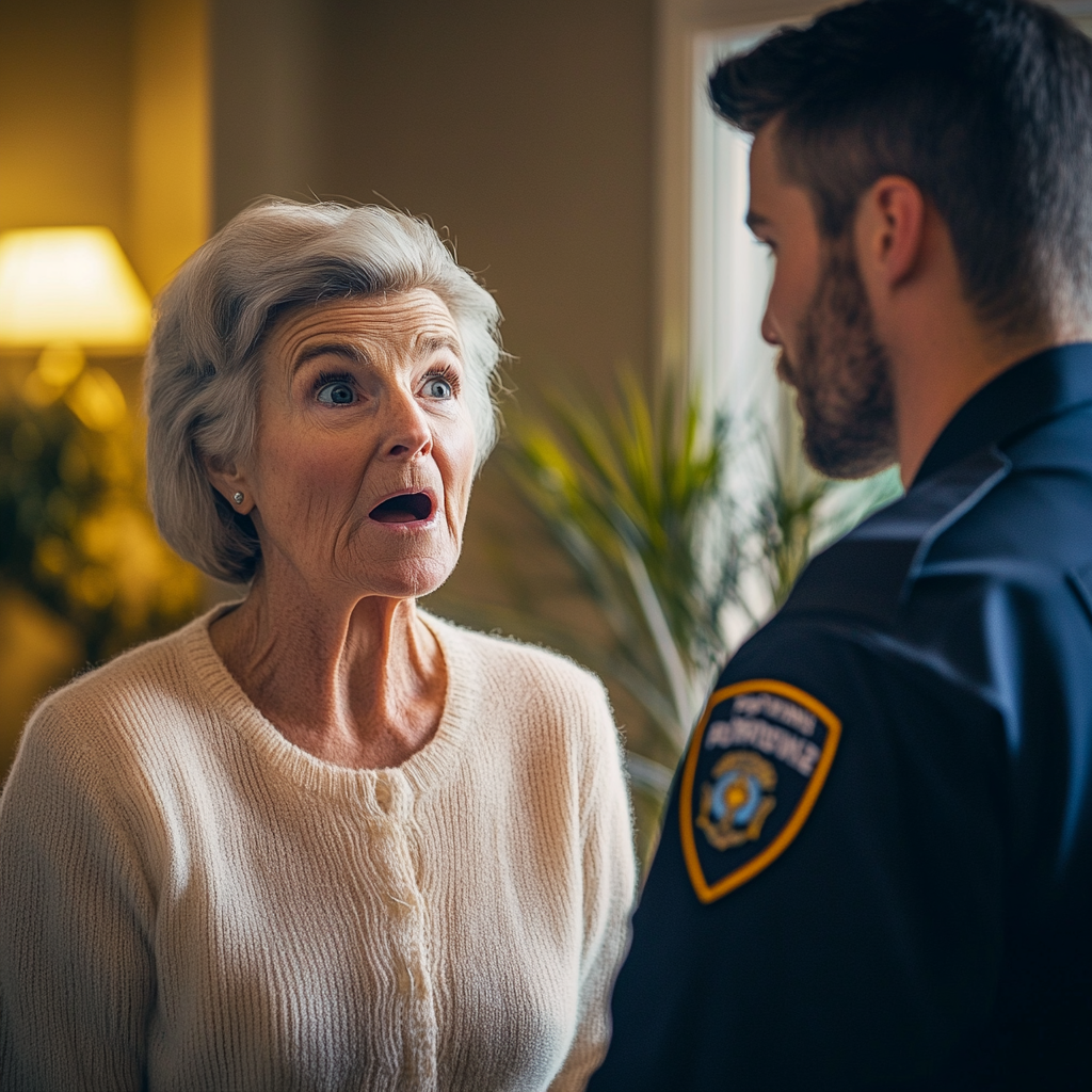 An elderly woman looks surprised while talking to a police officer | Source: no source