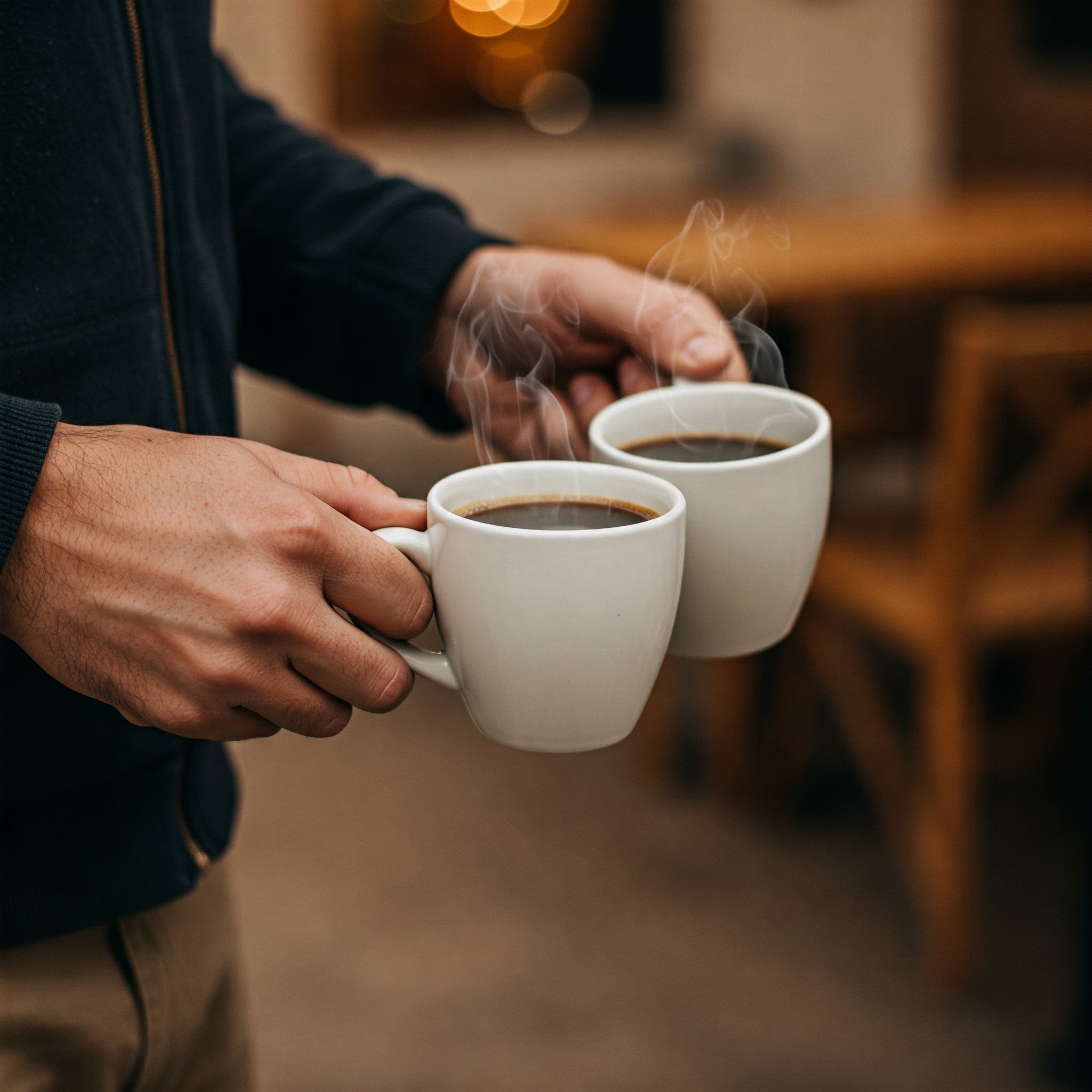 A man carrying two coffee mugs | Source: No source