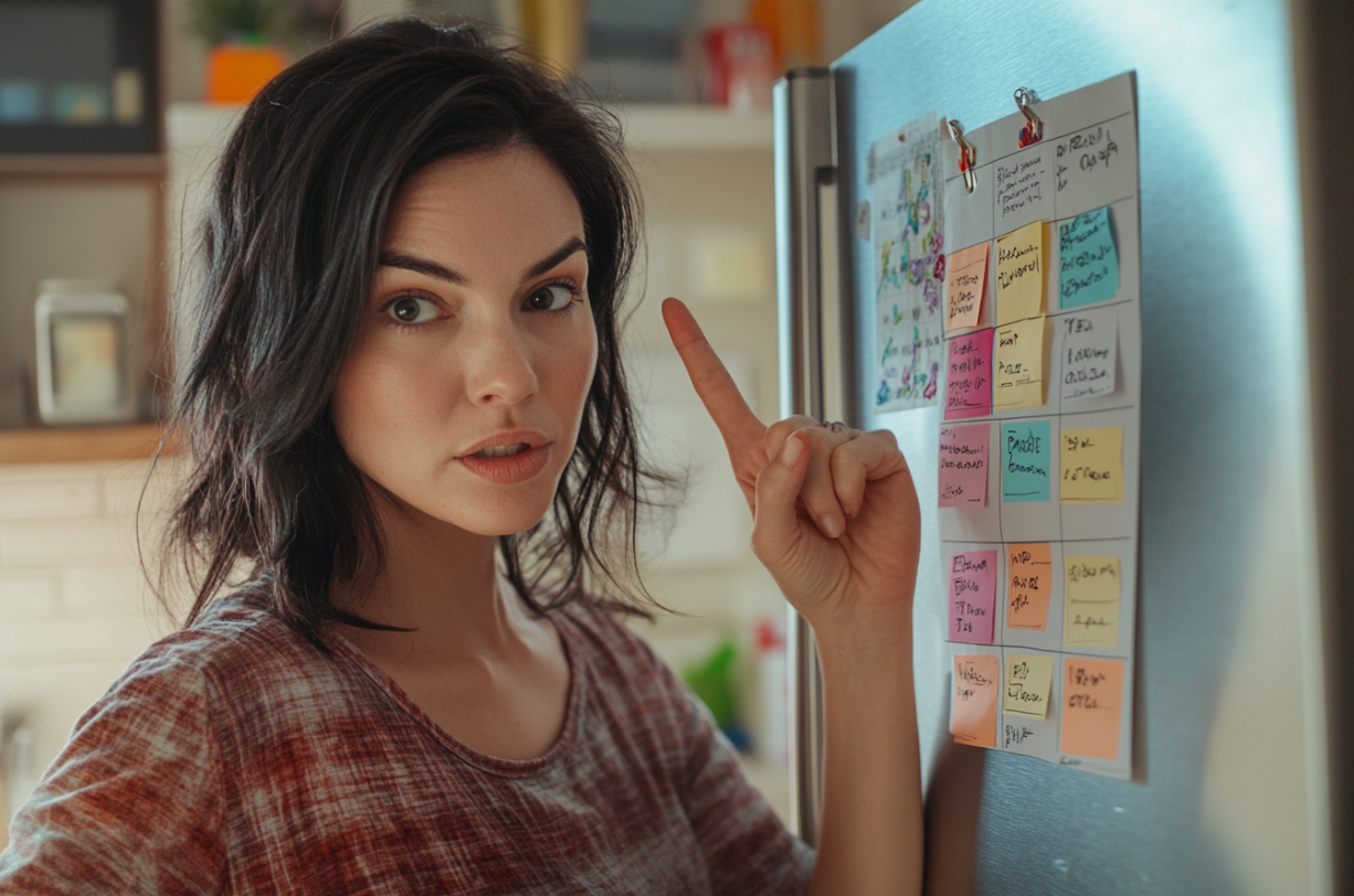 A woman gesturing to a chore chart | Source: No source