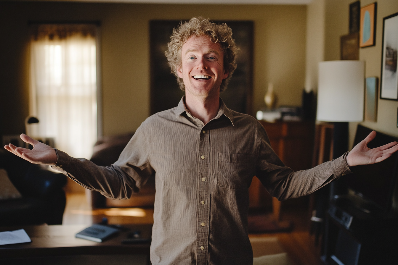 Man in his early 40s shrugging and smiling in the living room | Source: no source