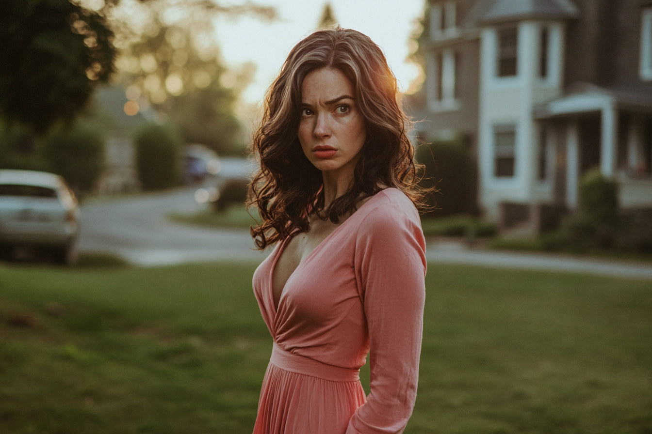 A woman standing on a lawn looking angry | Source: No source