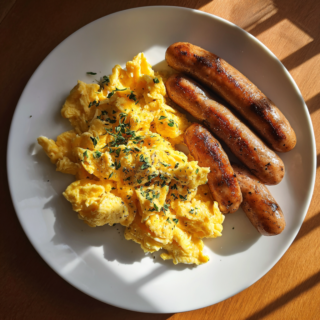 A plate of scrambled eggs and sausages | Source: no source