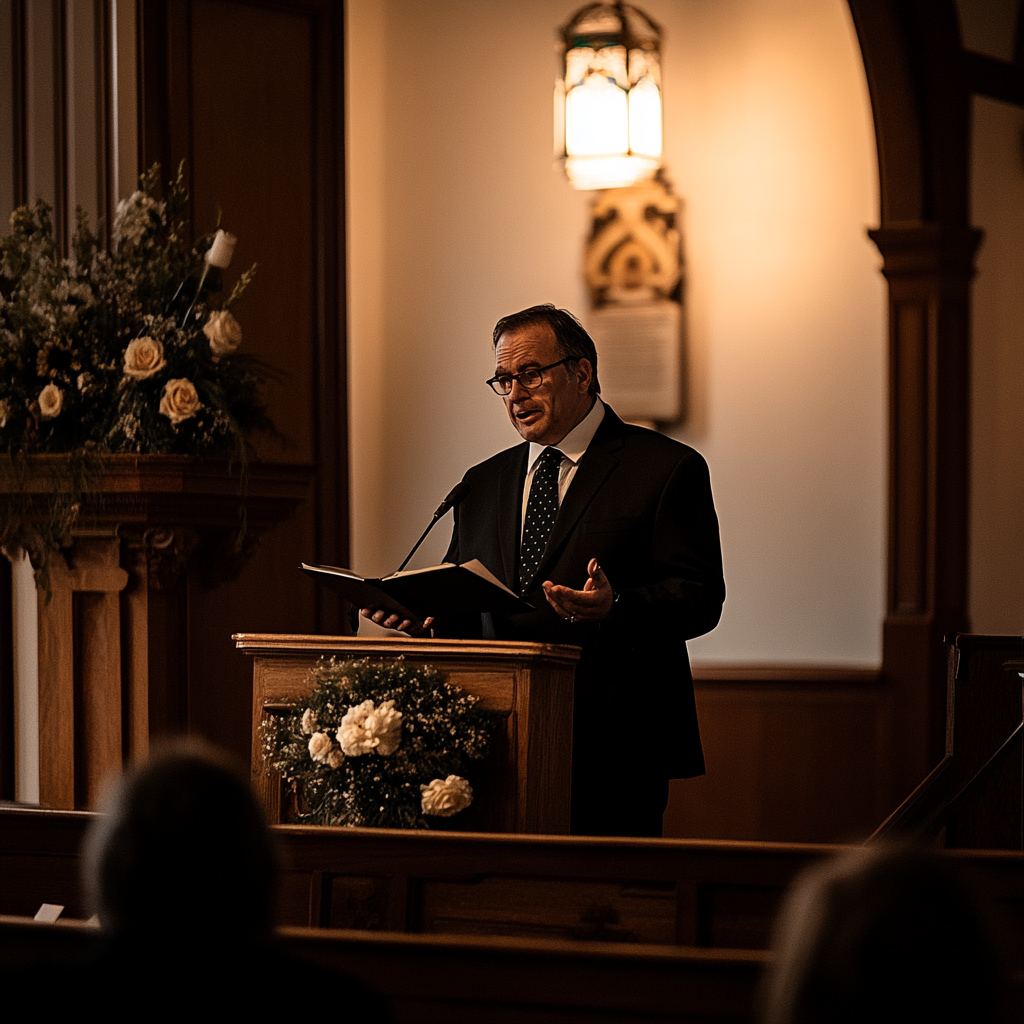 Senior man giving a speech at a funeral | Source: No source