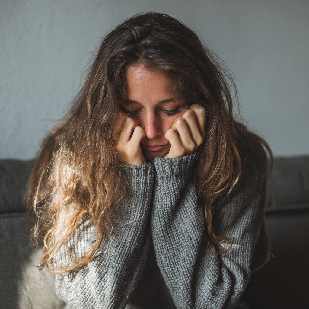 A woman sitting on a couch and holding her head | Source: No source