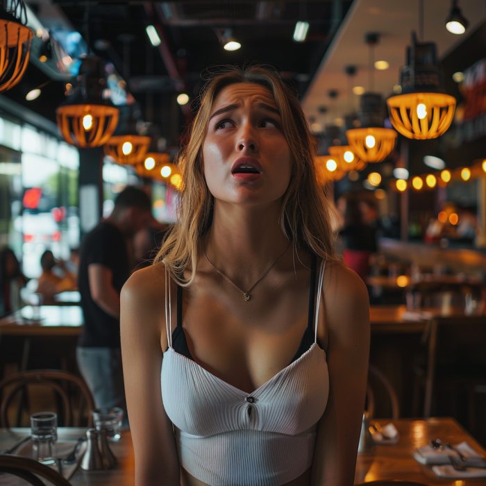 A woman standing in a restaurant feeling sad and remorseful | Source: no source