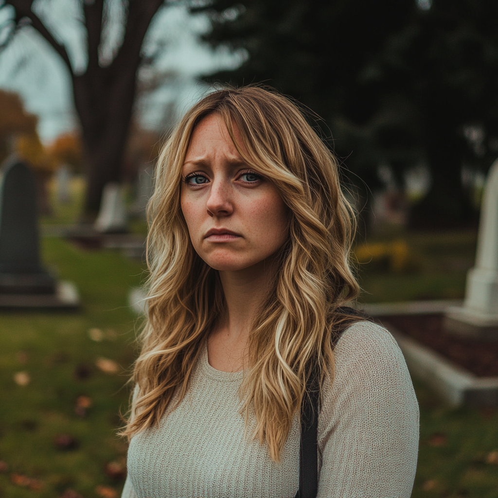 A woman looks angry and hurt while standing in a cemetery | Source: No source