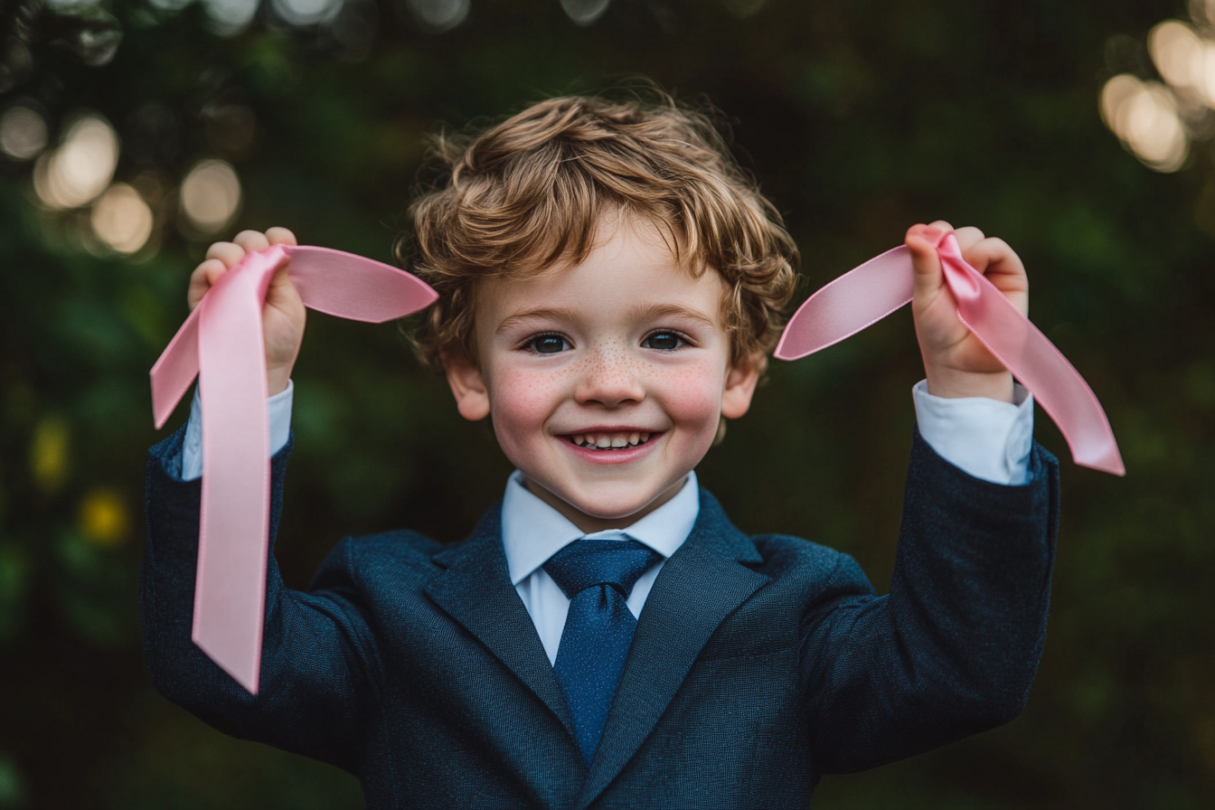 A boy holding two lengths of pink ribbon | Source: No source