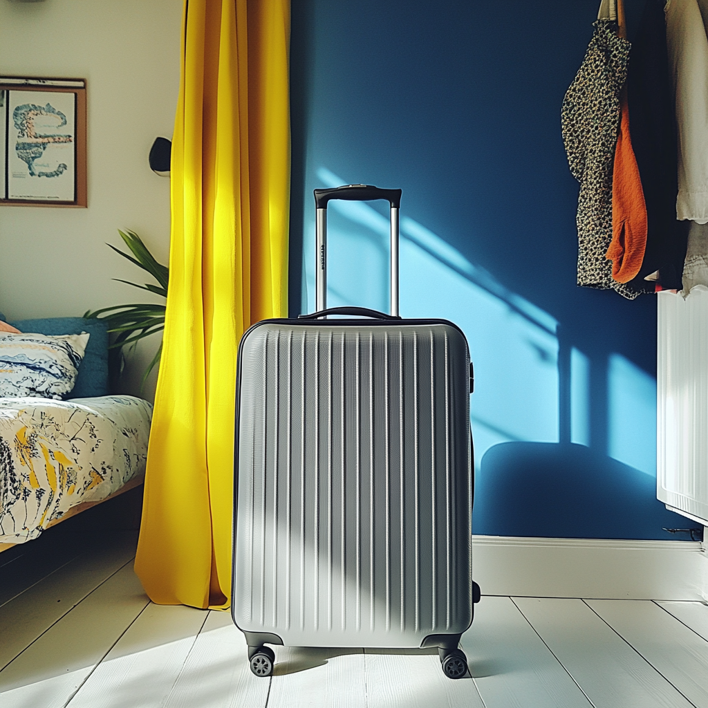A gray suitcase in a bedroom | Source: no source