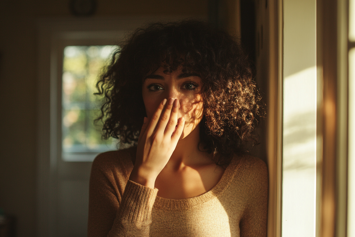 A woman standing in a hallway with one hand over her mouth | Source: No source