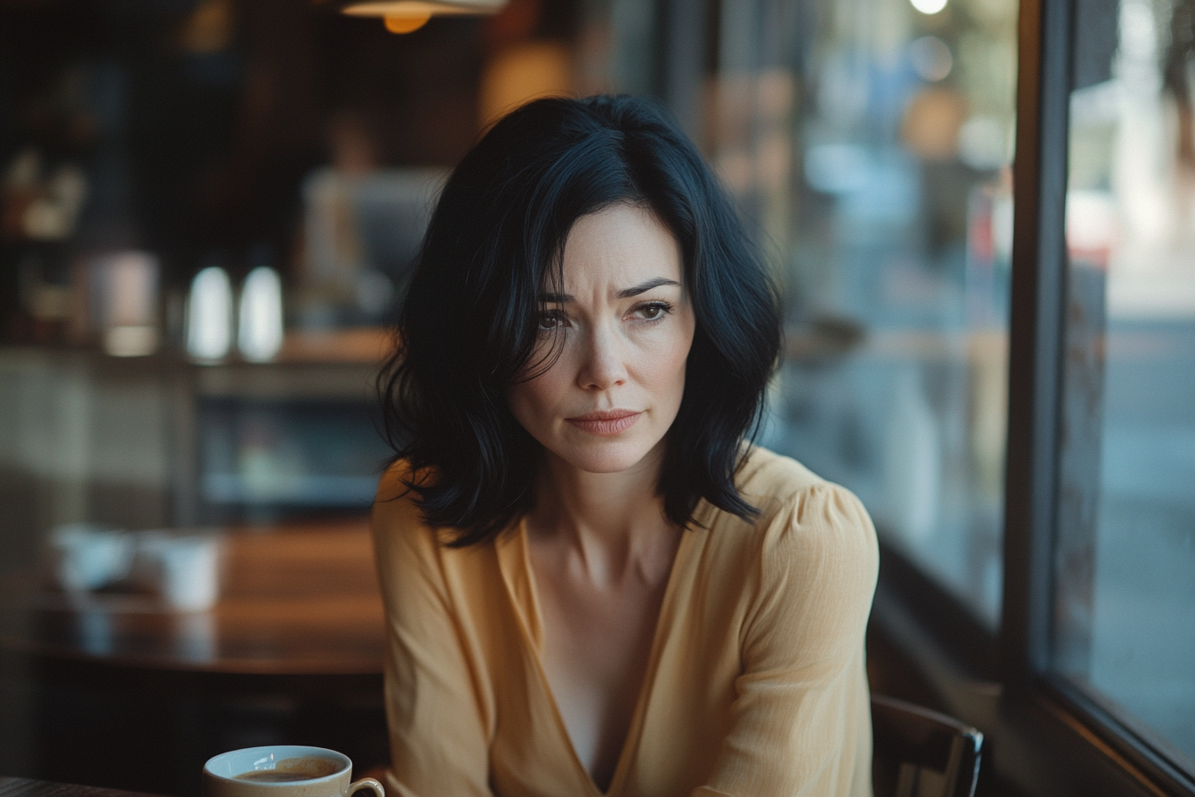 A woman in a yellow dress, looking sad and sitting at a coffee shop table | Source: No source