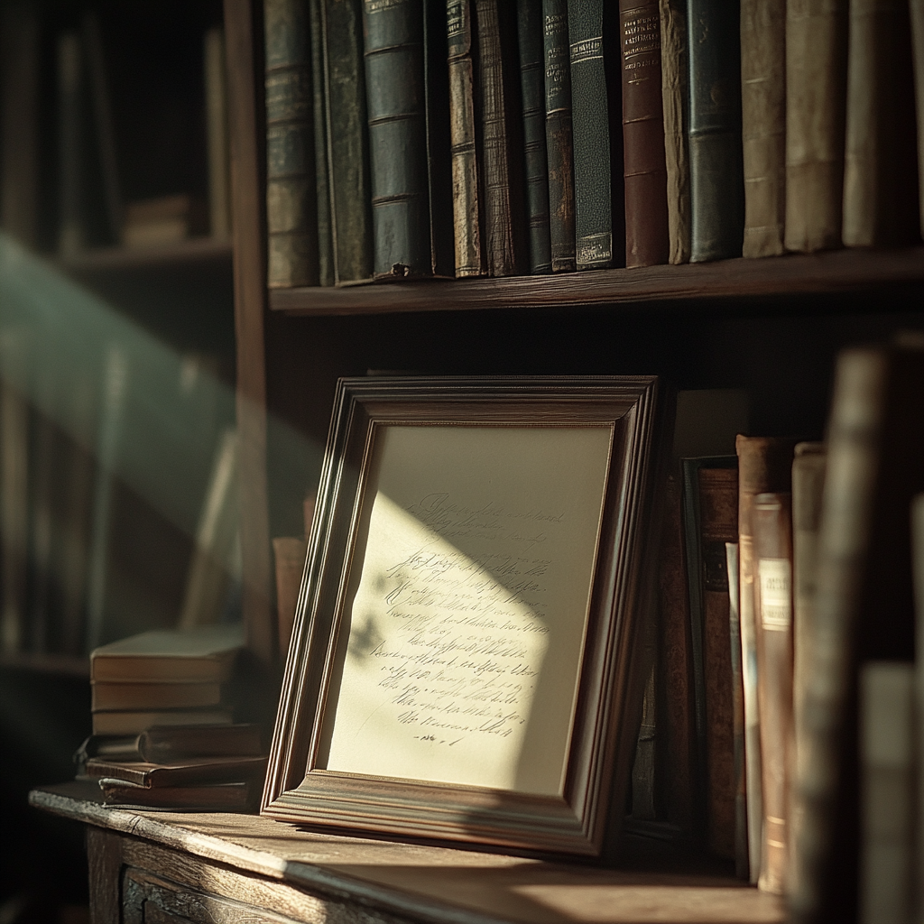 A framed letter on a sunlit bookshelf | Source: no source