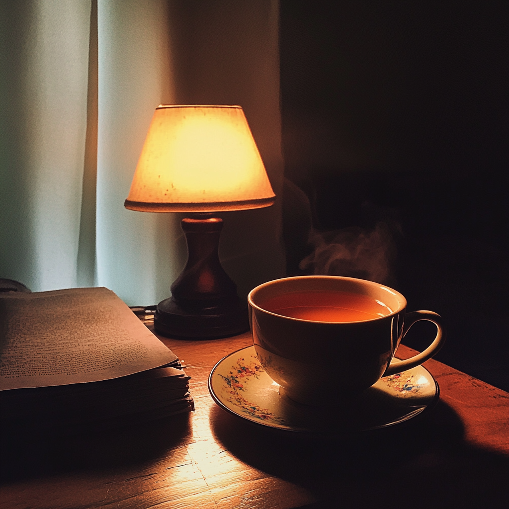 A cup of tea on a bedside table | Source: no source