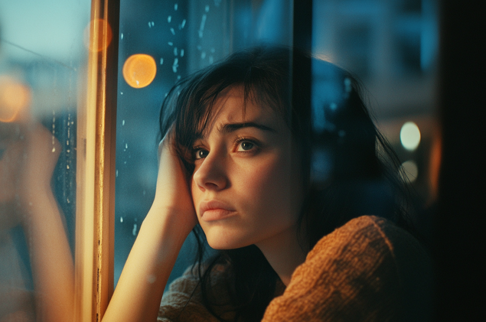 An upset woman sitting by the window | Source: No source