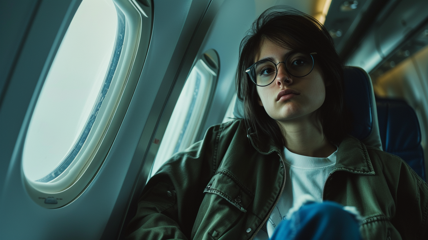 A woman sitting in a plane | Source: No source