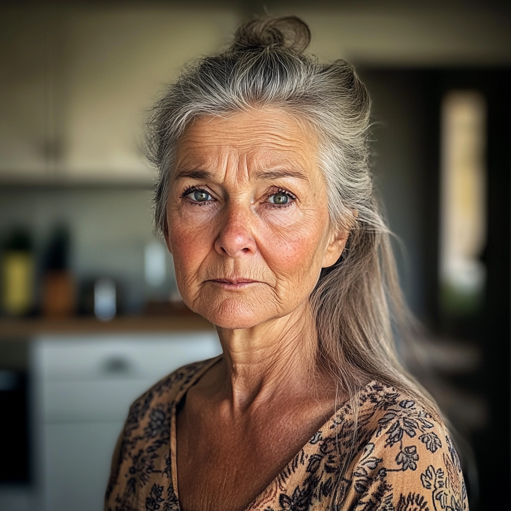A frowning woman in a kitchen | Source: no source