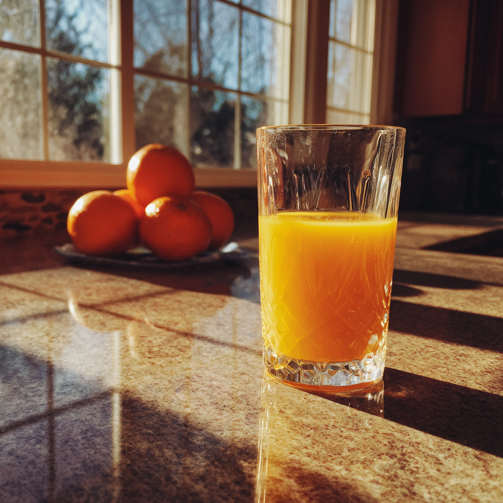 A glass of juice on a kitchen counter | Source: No source