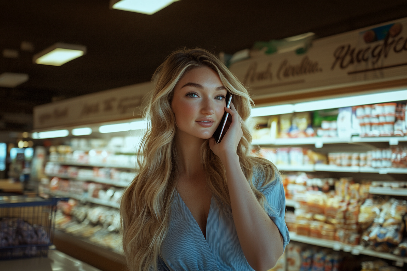 A woman in a grocery store talking on her phone | Source: No source