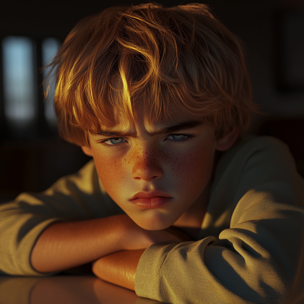 An annoyed boy leaning on the table | Source: no source