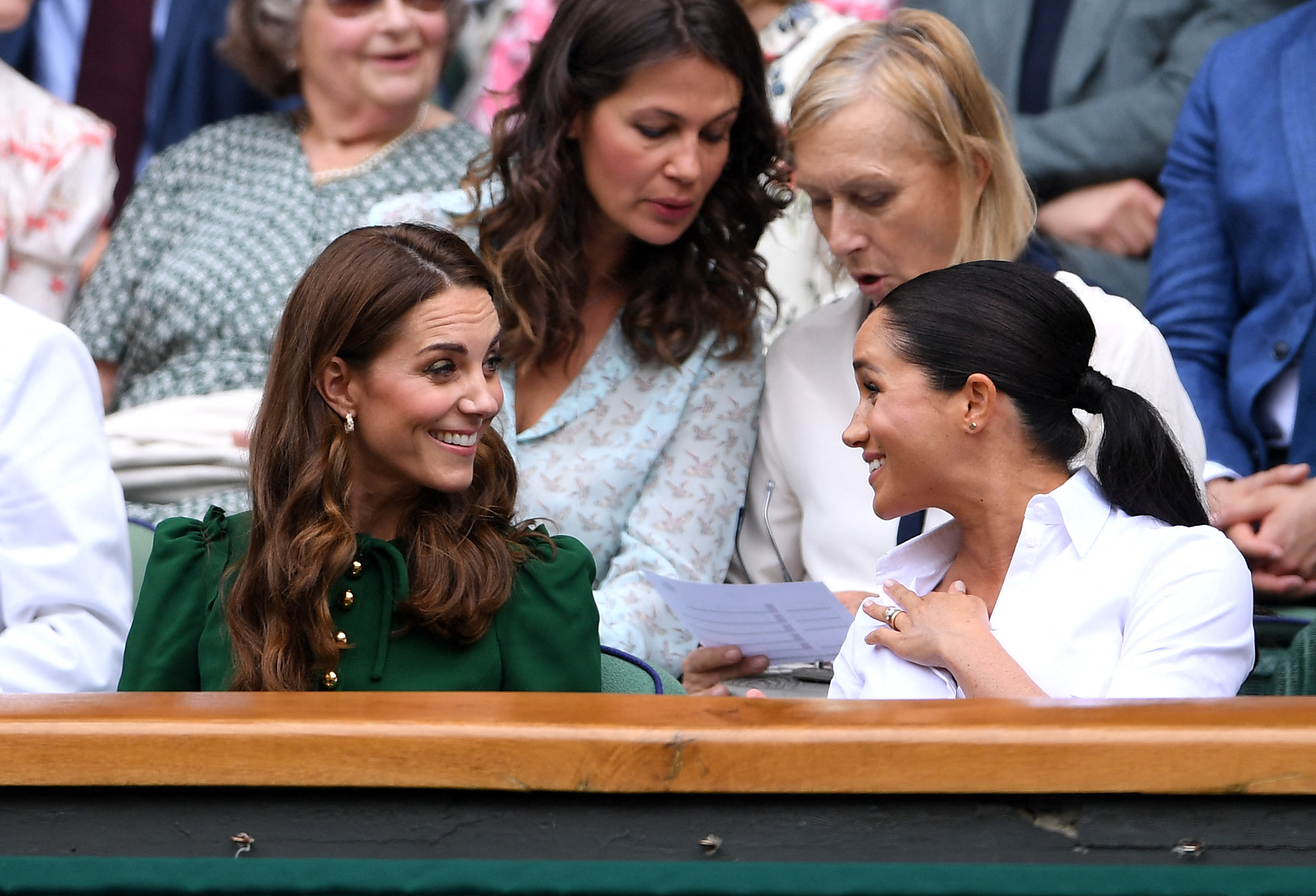 The Princess of Wales and Meghan, Duchess of Sussex, during the Women's Singles Final on day 12 of the 2019 Wimbledon Championships at The All England Lawn Tennis Club in London on July 13. | Source: Getty Images