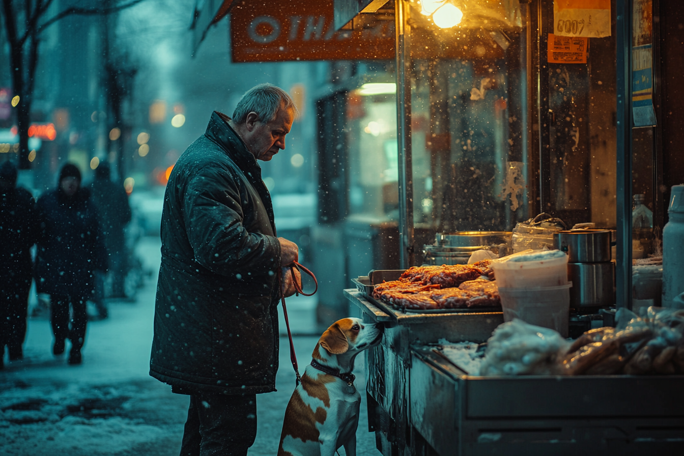 Homeless man with a dog in front of a shawarma stand on a snowy day | Source: No source