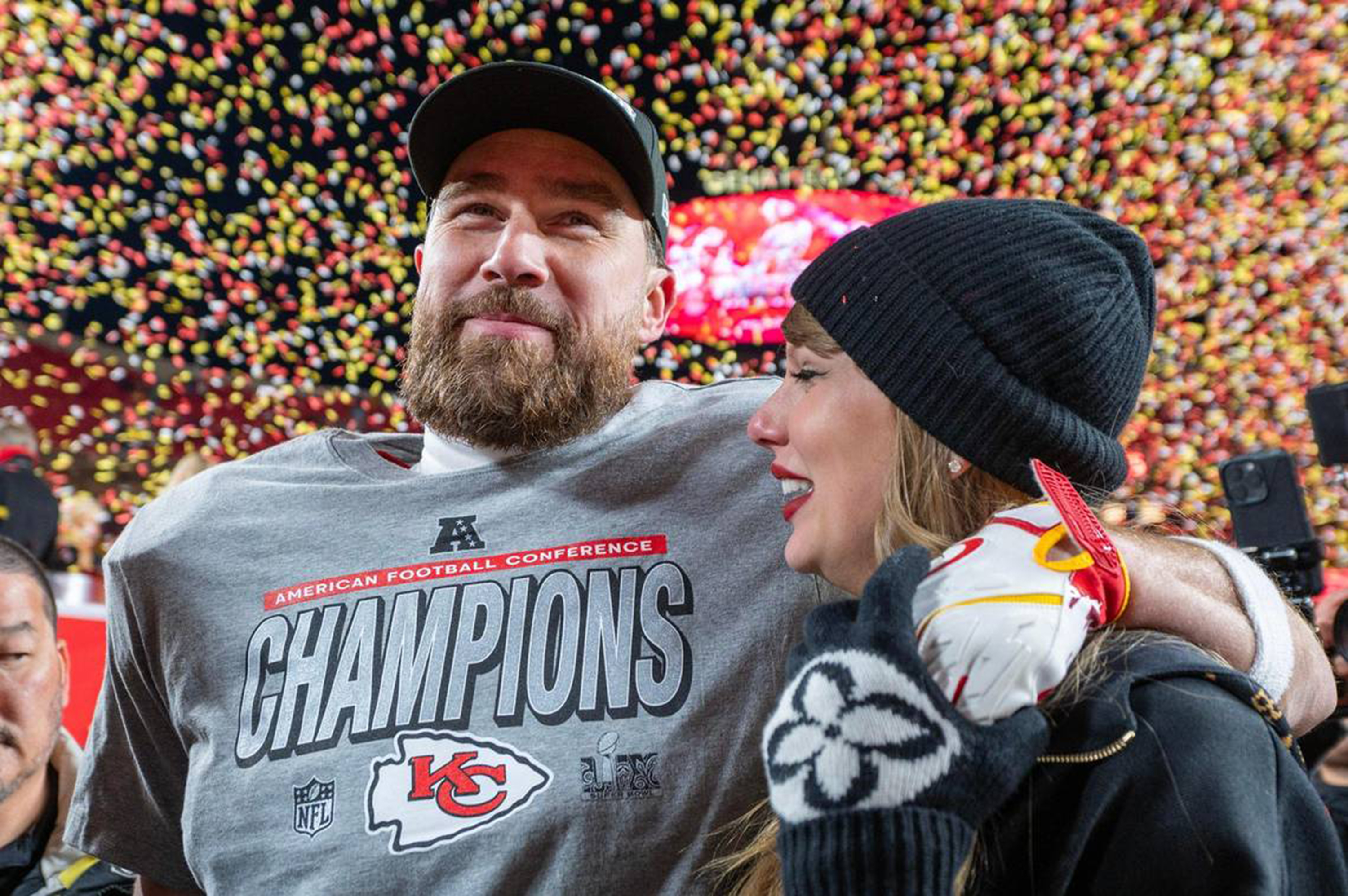 Travis Kelce and Taylor Swift walk after the trophy ceremony following the Chiefs' 32-29 victory over the Buffalo Bills in the AFC Championship Game on January 26, 2025. | Source: Getty Images