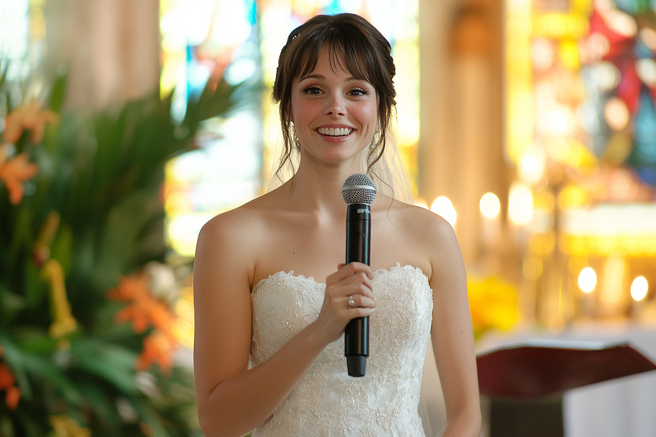 A bride speaking into a microphone | Source: No source