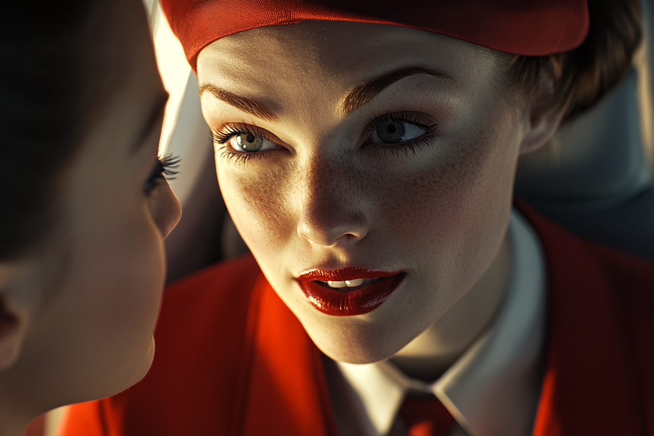 A flight attendant talking to a passenger | Source: No source