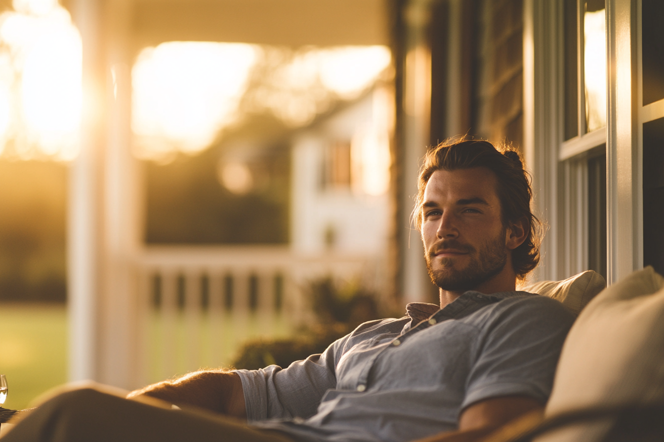 A man sits on a porch looking curious | Source: no source