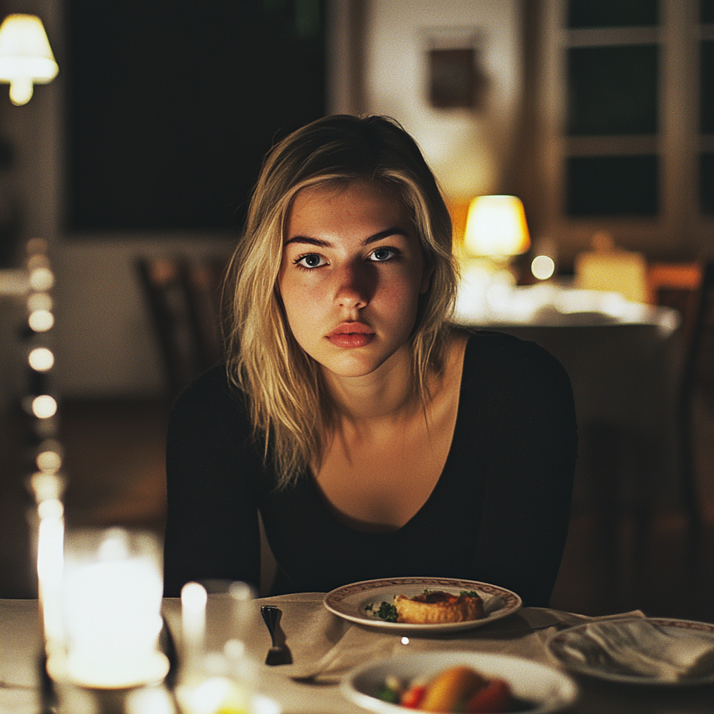 A serious woman at the dinner table | Source: No source