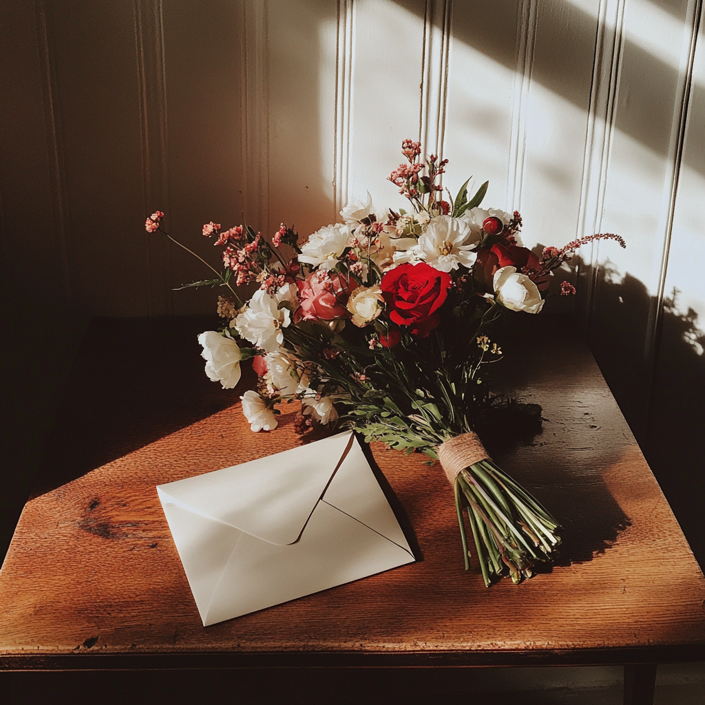 An envelope and a bouquet of flowers | Source: no source