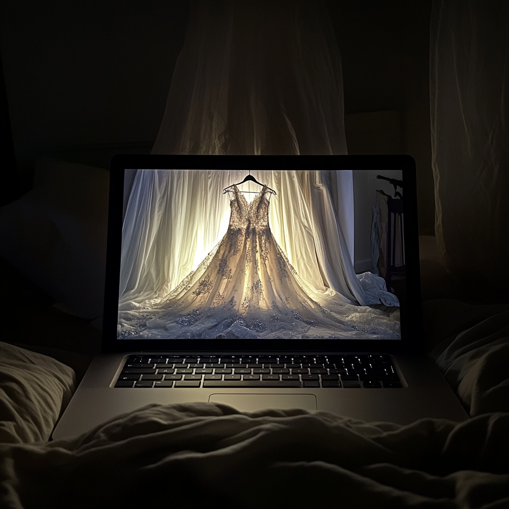 A wedding dress on a laptop screen | Source: No source