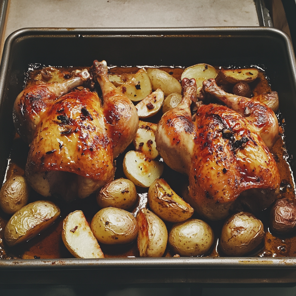 A tray of roast chicken and potatoes | Source: No source