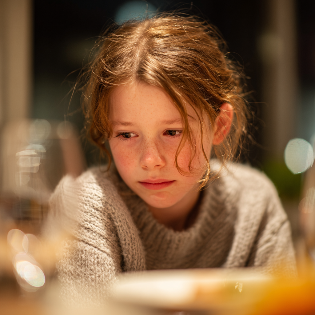 A sad young girl at a family dinner | Source: no source