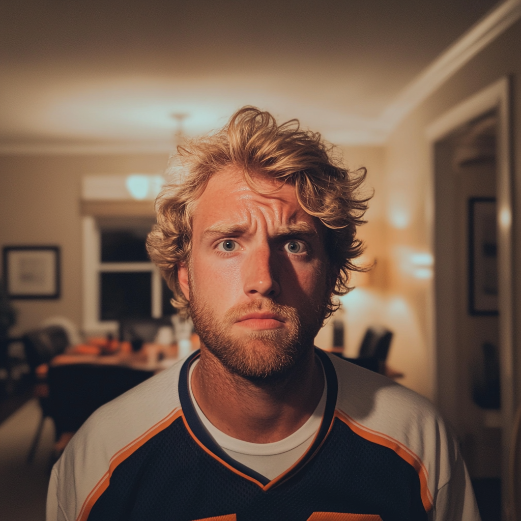 A frowning man wearing a sports jersey | Source: No source