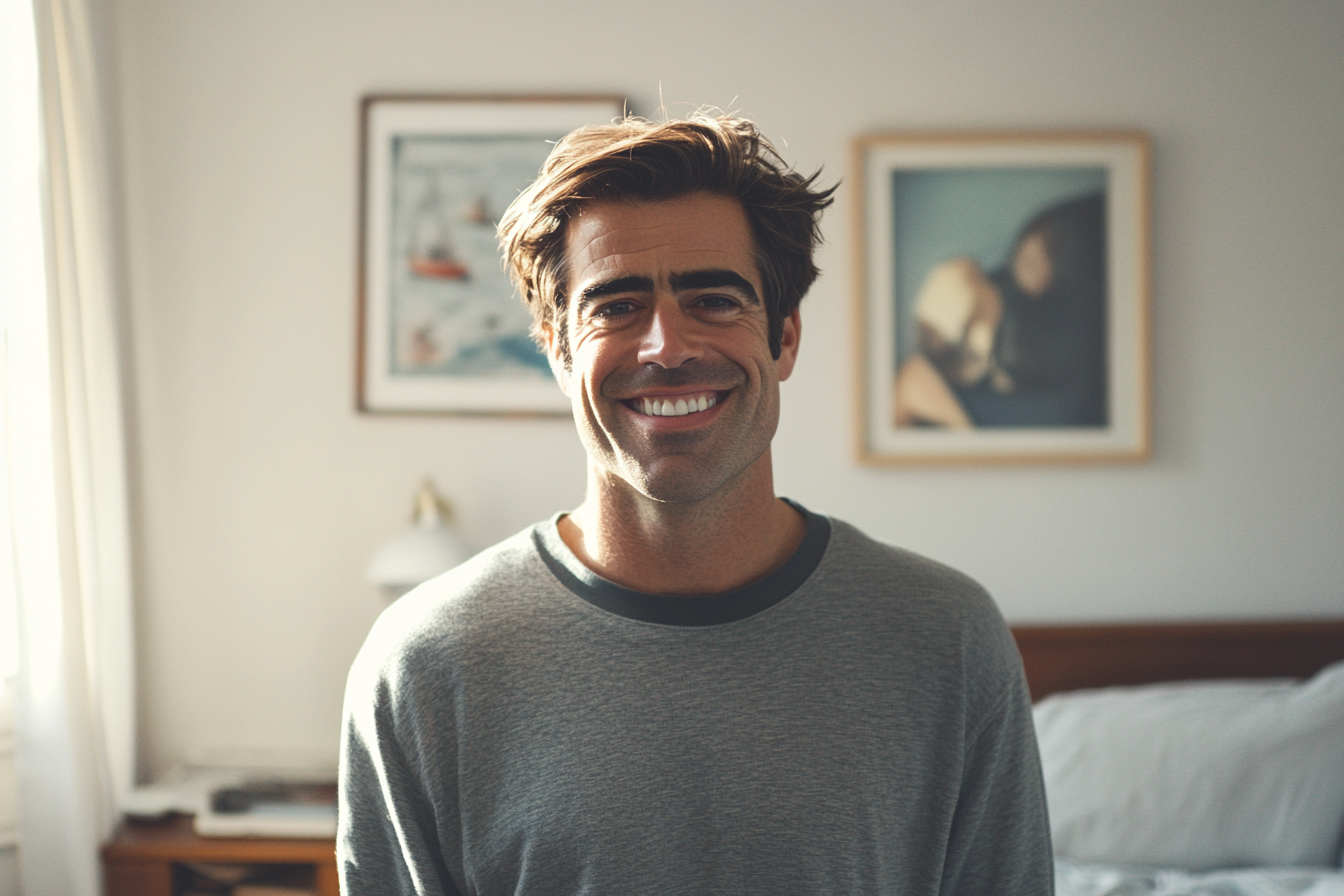 A man smiling in a bedroom, wearing pajamas | Source: no source