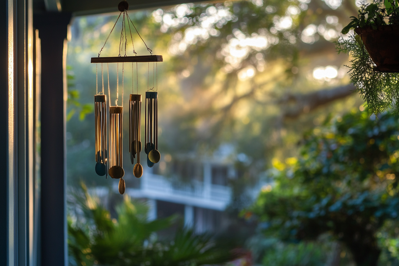 Wind chimes hanging on a porch | Source: No source
