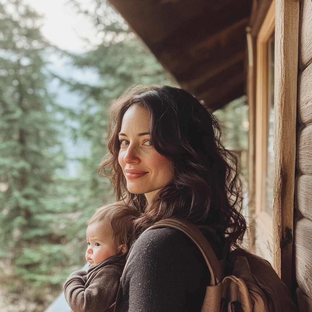 A woman standing outside a cabin with her baby | Source: no source
